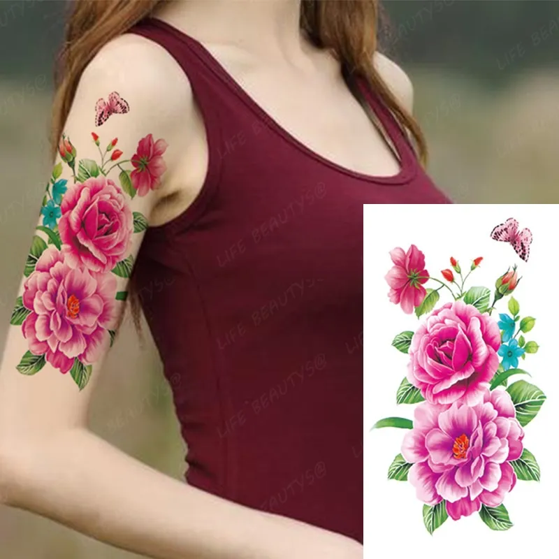 Sdrawing Temporary Flower Tattoos Women Fashion Beauty Rose Butterfly Flash 3D Fake Tattoo Arm Sleeve Pink Blue Sticker Girl