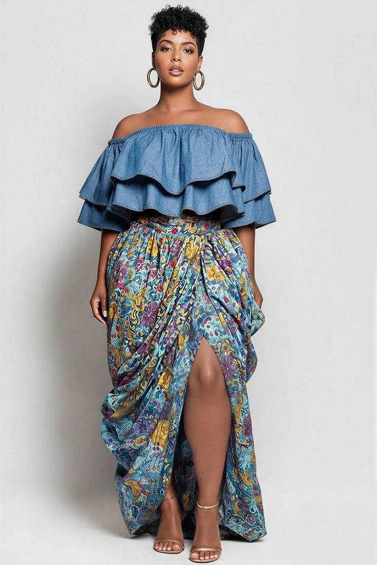 Xpluswear Design Plus Size Vacation Casual Light Blue Graphic Off The Shoulder Short Sleeve Split Ruffle Tencel Denim Two Piece Skirt Sets [Pre-Order] 2024 - Xpluswear