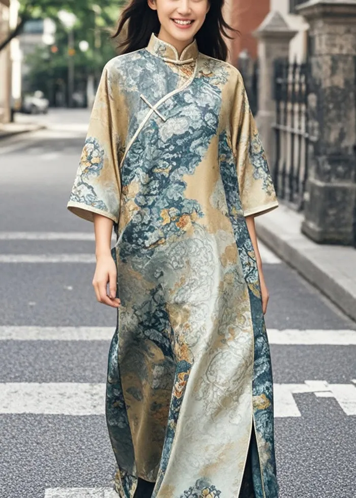 Vintage Khaki Print Side Open Silk Oriental Dress Bracelet Sleeve Spring