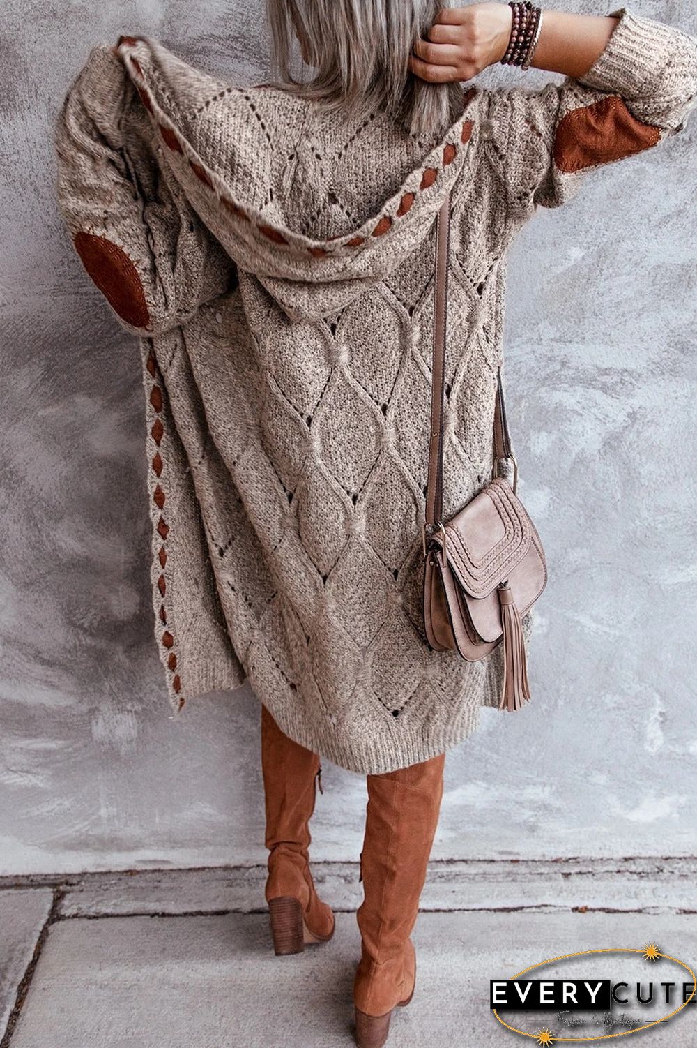 Open Front Knitted Knee Length Hooded Sweater Cardigan
