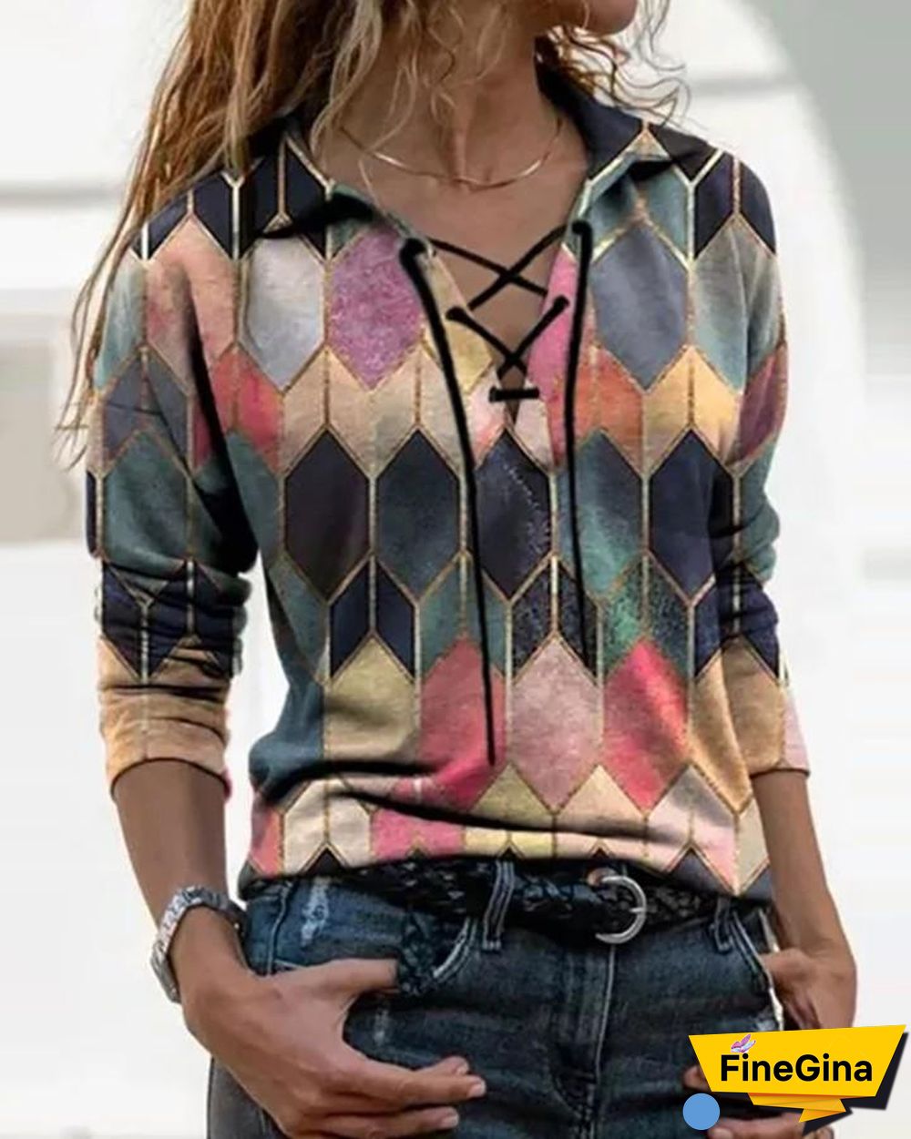 Geo Print Colorblock Lace Up T-shirt P12095