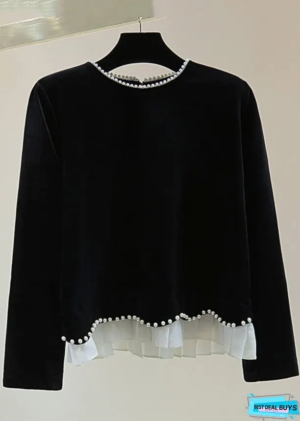 Simple Black O-Neck Nail Bead Silk Velvet Sweater Winter