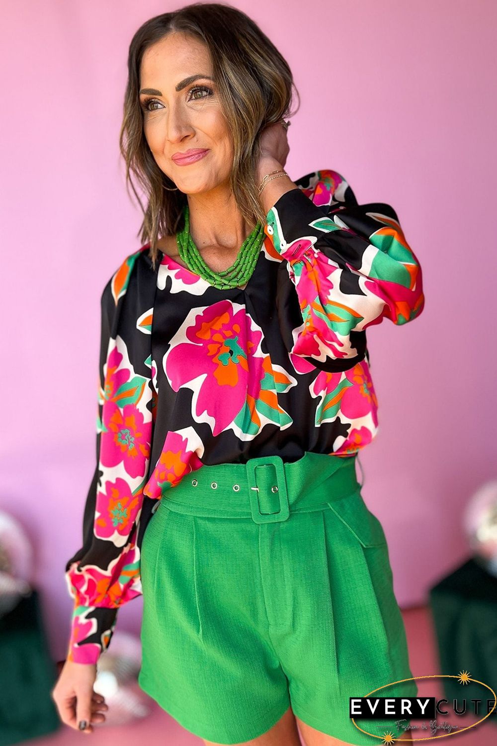Black Rose Flower Print Puff Sleeve Blouse
