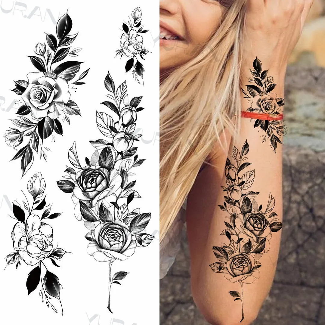 Black Large Snake Flower Fake Tattoo Sticker For Women Dot Rose Peony Temporary Tattoos DIY Water Transfer Tatoos Girls 530