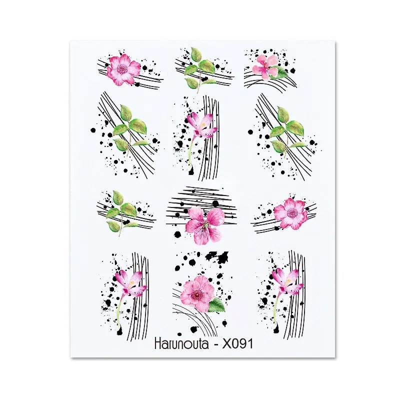 Harunouta Water Decals Ink Blooming Flower Leaves Transfer Nail Stickers Butterfly Love Heart Design Slider Watermark Decoration-Nail Inspo