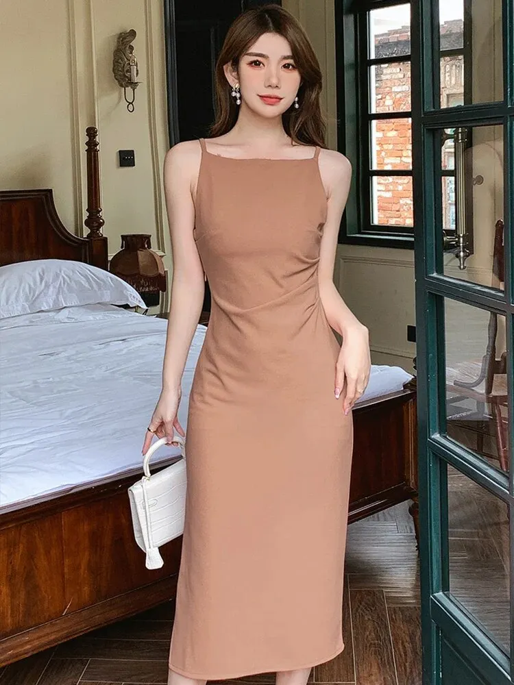 Brownm Summer Elegant Women Evening Dress Simple Solid Sexy Strap Slim Slit Midi Party Club Beach Prom Robe Femme Mujer Vestidos