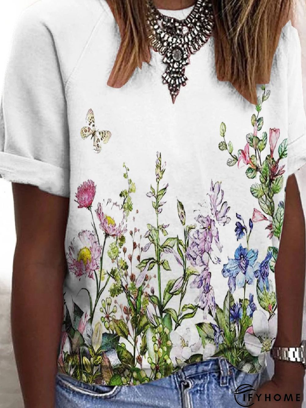 Floral-Print Short Sleeve Cotton-Blend Crew Neck T-shirt | IFYHOME