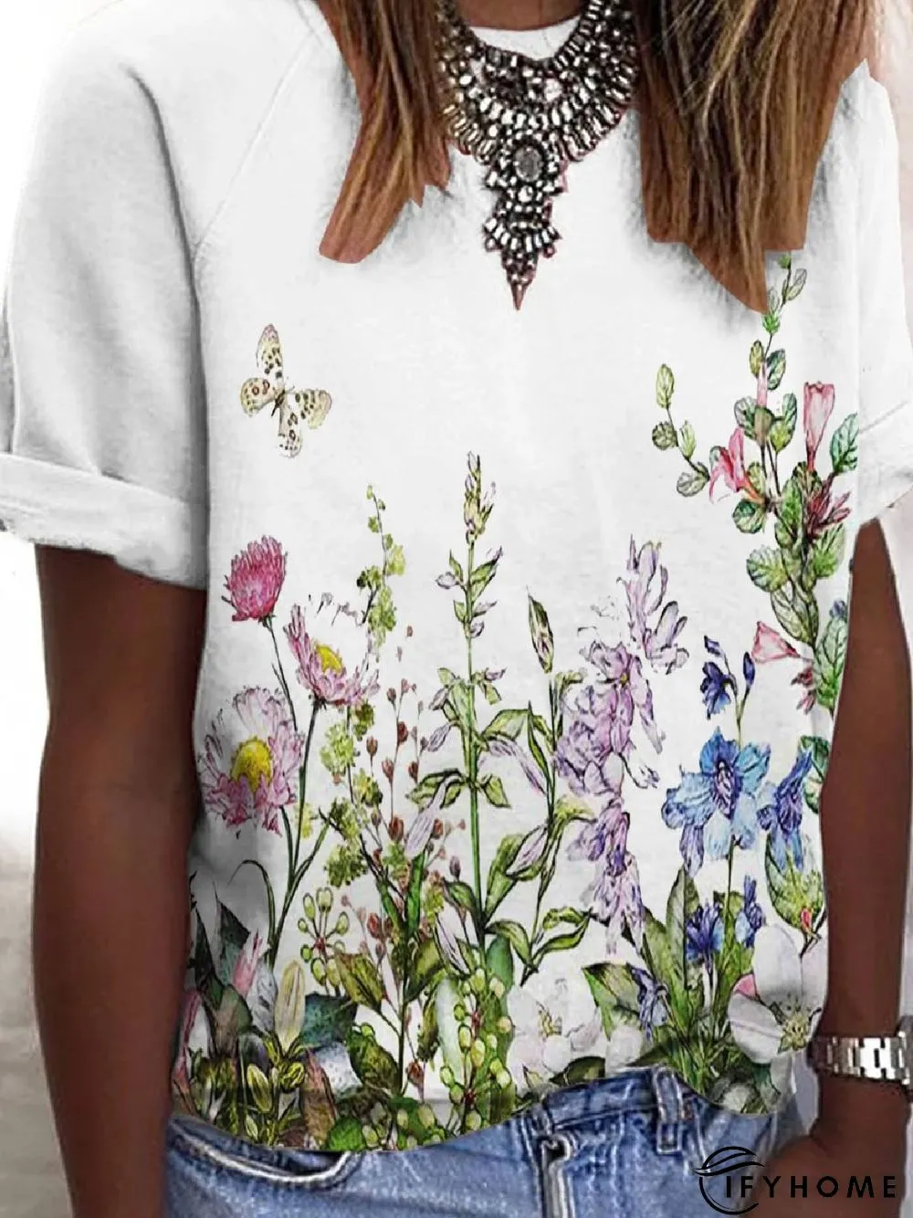 Floral-Print Short Sleeve Cotton-Blend Crew Neck T-shirt | IFYHOME