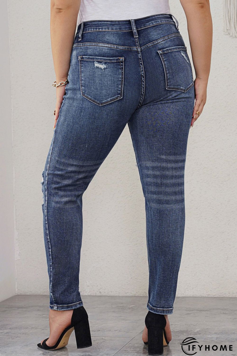 Blue Distressed High Waist Plus Size Jeans | IFYHOME