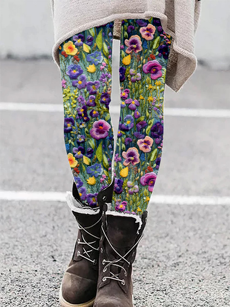 Violet Wildflower Embroidery Art Comfy Leggings artswardrobe