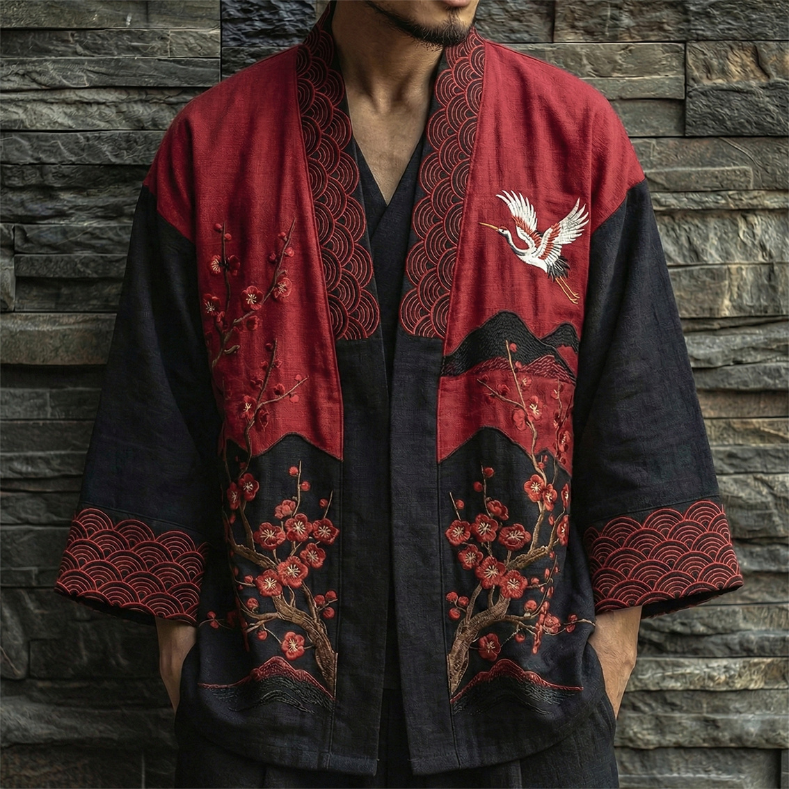 Men's Japanese Cherry Blossom And Crane Art Pattern Linen Blend Kimono Cardigan  artssus