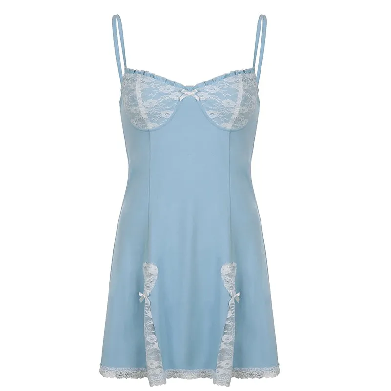 Rapcopter Y2K Lace Frill Mini Dress Bow Cute Sweet Strap Dress Women Vintage Drawstring Backless Party Short Sundress Aesthetic