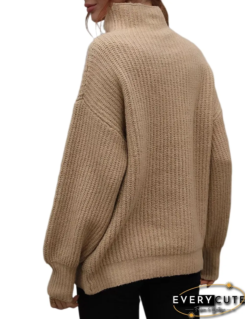 Khaki Solid Loose Style Turtleneck Sweater