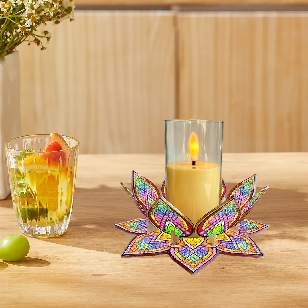 Mandala Lotus-A Acrylic DIY Diamond Painting Candle Holders Without Candles Crystal Painting Tealight Candle Stand Table Centerpiece for Adults Beginners Home Party Decor