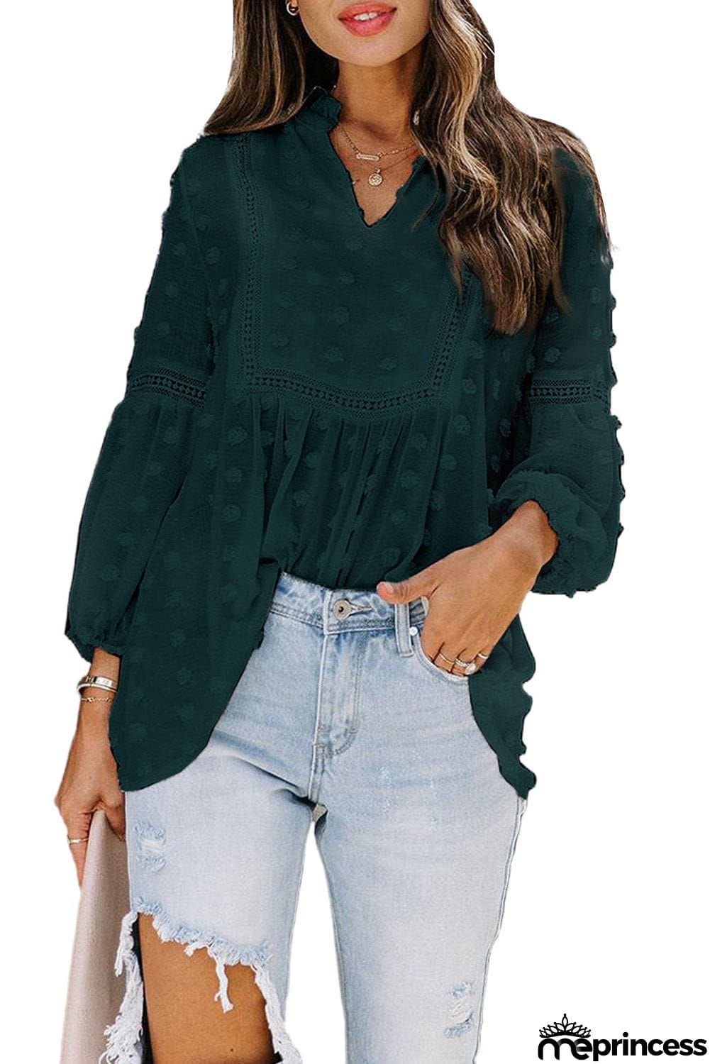 Ruffled Split Neck Lace Hollow Out Puff Sleeve Polka Dot Blouse
