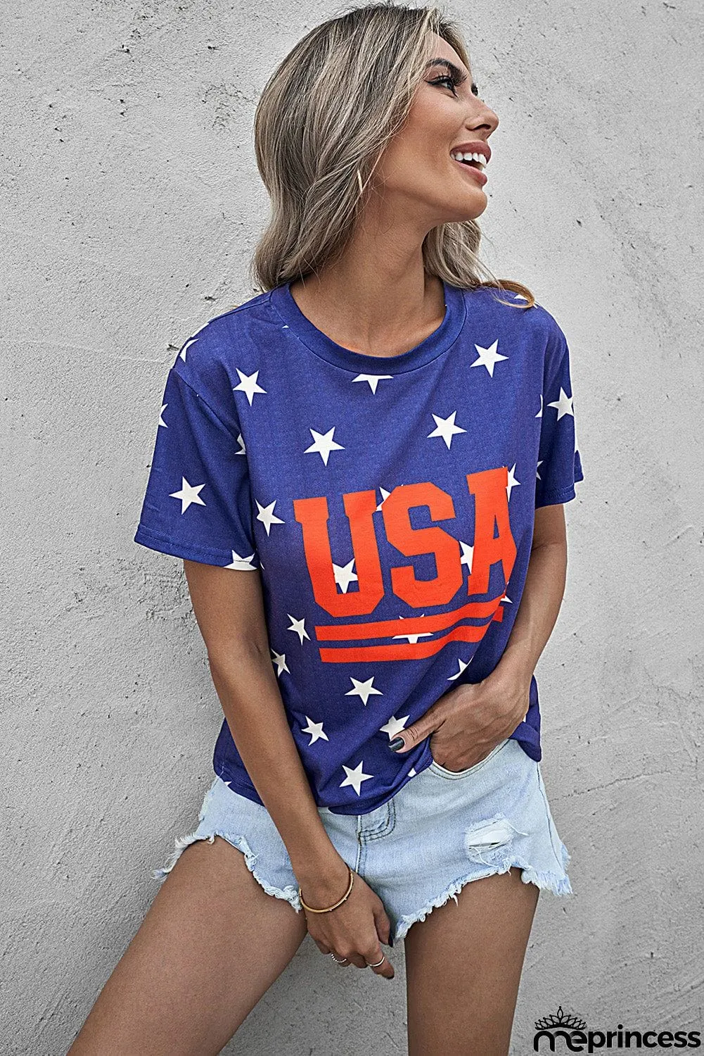 USA Star Print Round Neck T-Shirt
