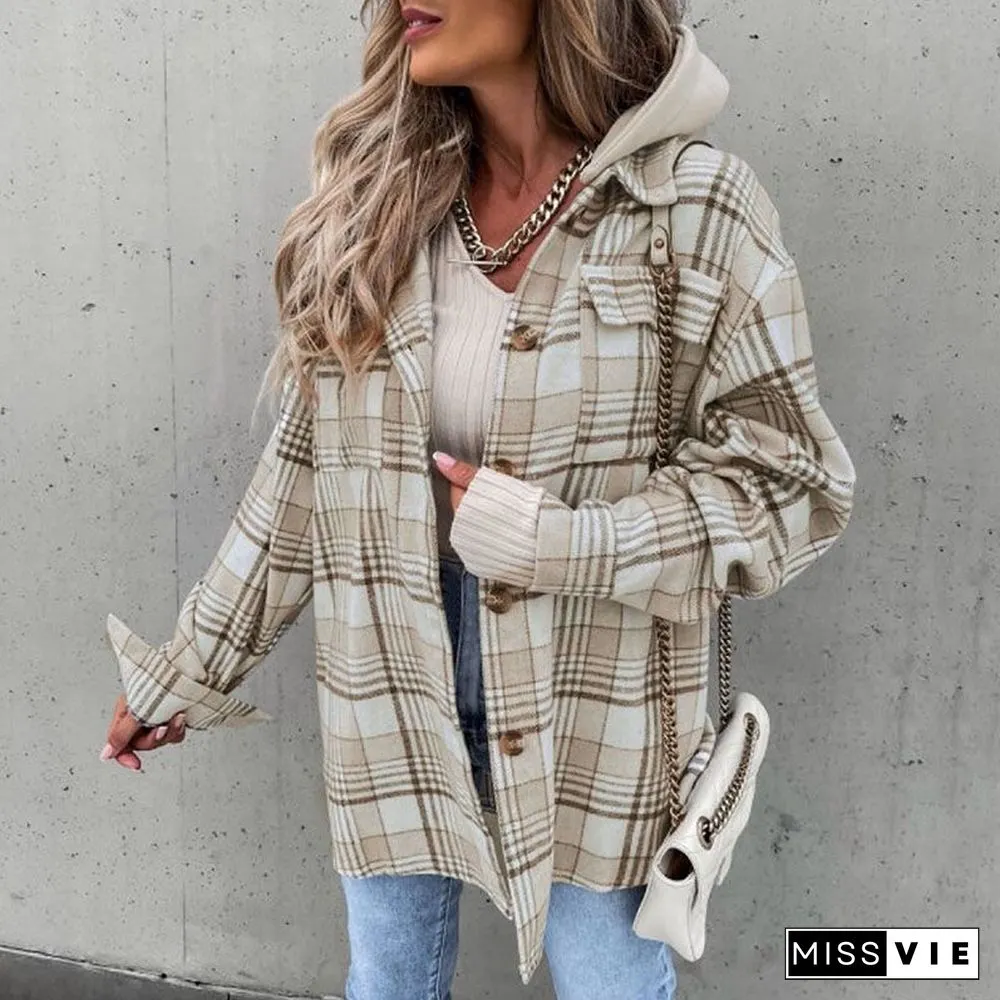Oversizd Fit Button Up Hoodies Casual Multi Colored Hooded Flannel Shirt