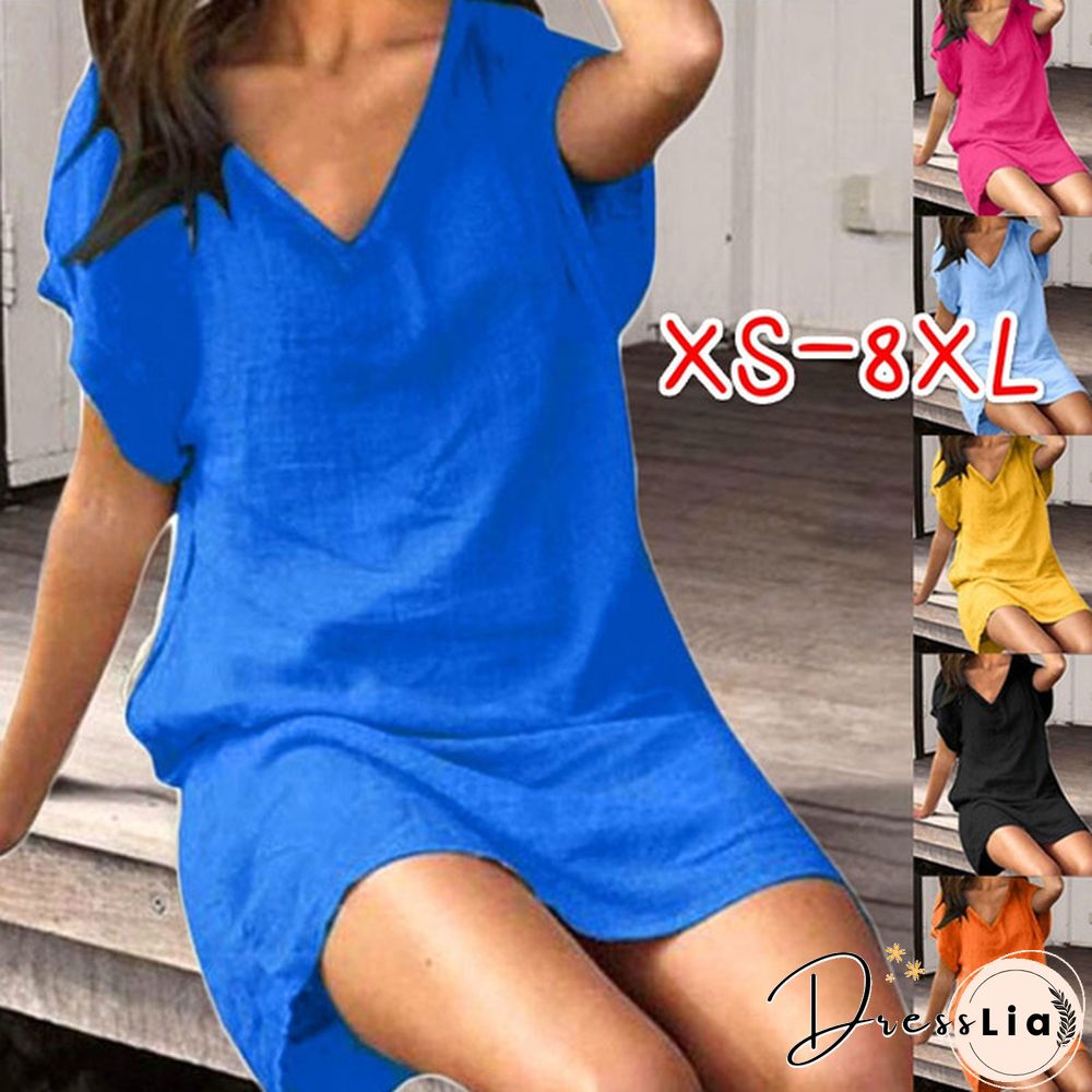 Xs-8Xl Summer Dresses Plus Size Fashion Women's Casual Short Sleeve T-Shirt Dress Ladies Solid Color V-Neck Mini Dress Beach Wear Party Dress