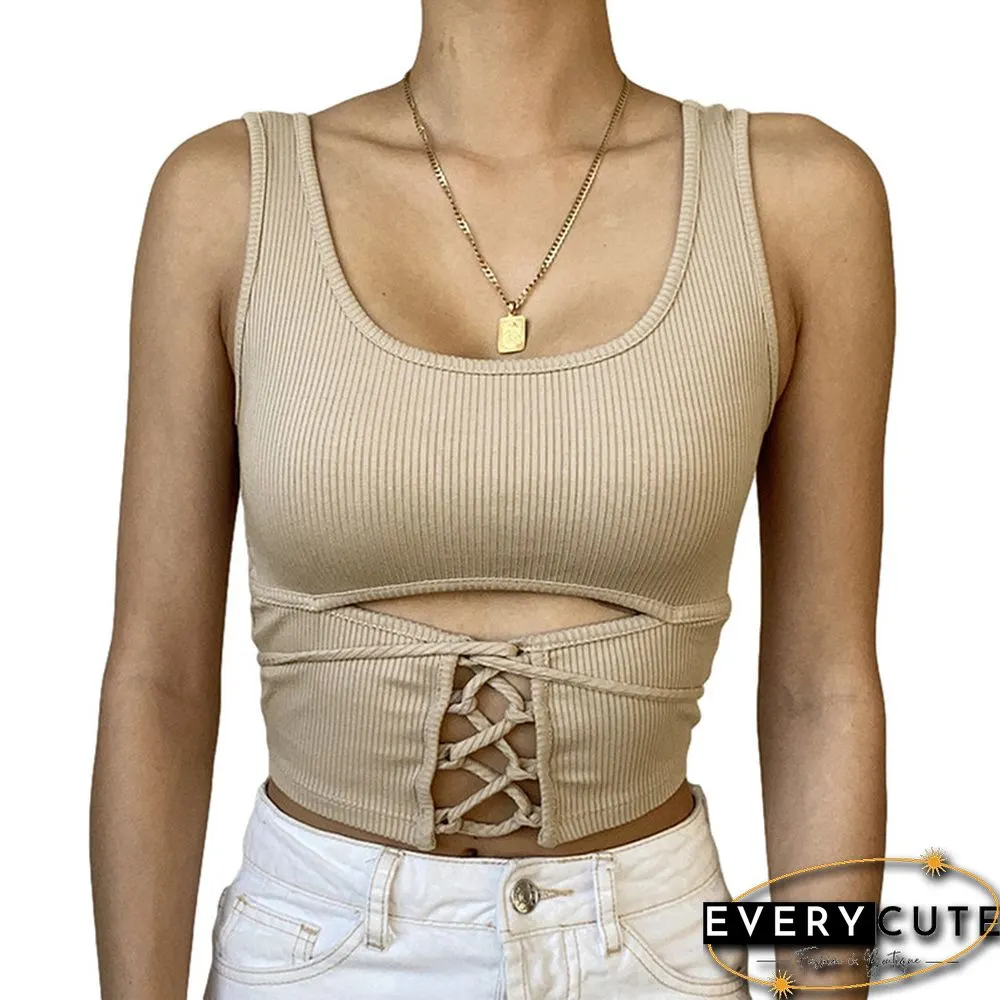 Women's Shirt Sexy U-neck Hollow Out Camisole Sleeveless Solid Color Criss Cross Tank Top Lace-up Rib Knit Crop Tops