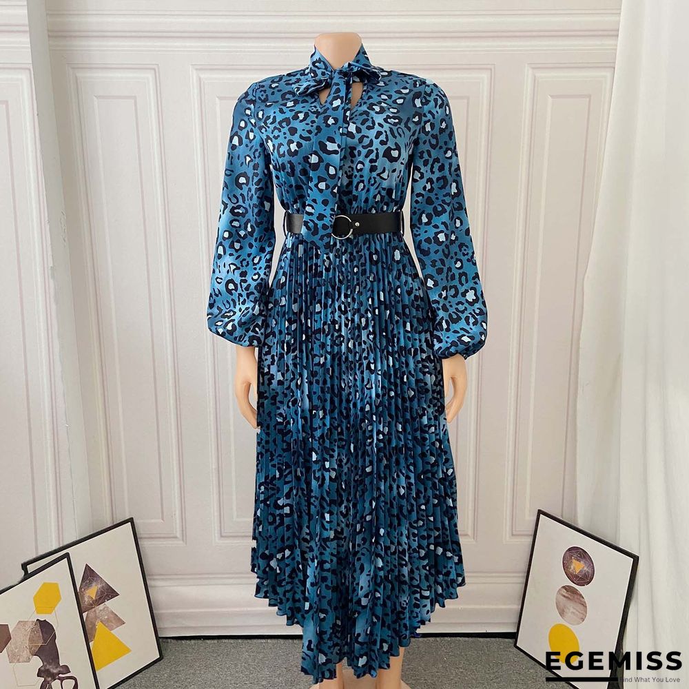 Long Sleeve Printed V-neck Pleated Dress | EGEMISS