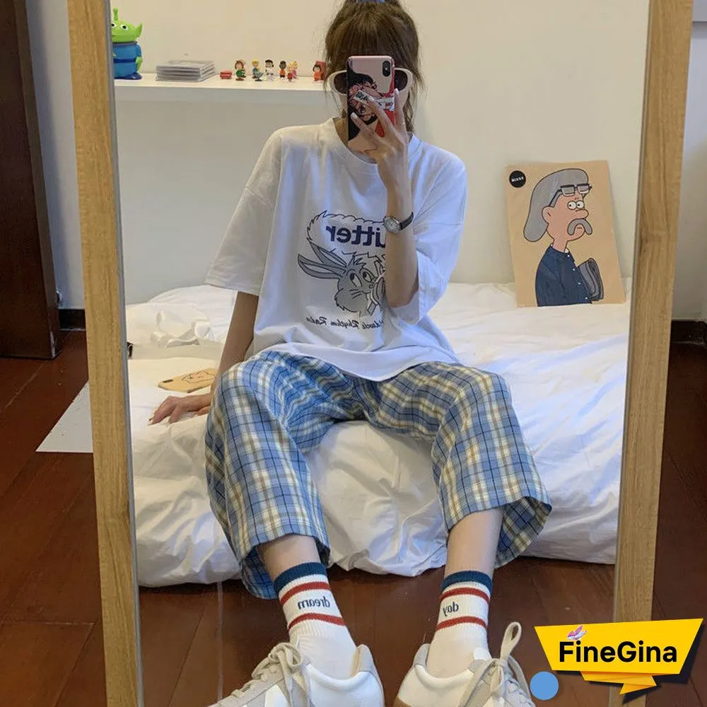 Women Sets Short Sleeve Printed Simple T-Shirts Plaid Straight Elastic Waist Pants Casual Loose Chic Korean Style Daily New 2Xl