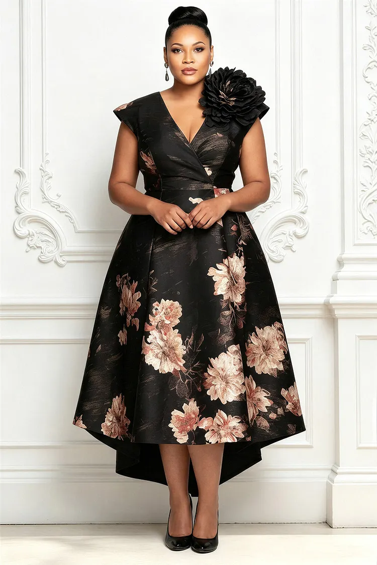 Xpluswear Design Plus Size Formal Black Floral V Neck Short Sleeve 3D Pocket Satin Midi Dresses [Pre-Order] 2024 - Xpluswear