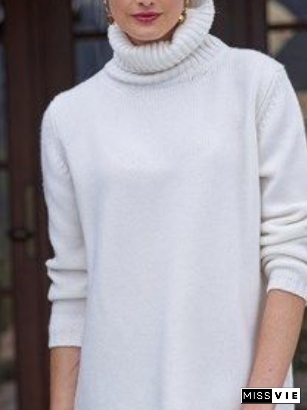Simple Spring Solid Cotton Natural Lightweight Daily Long sleeve Turtleneck Sweater for Women