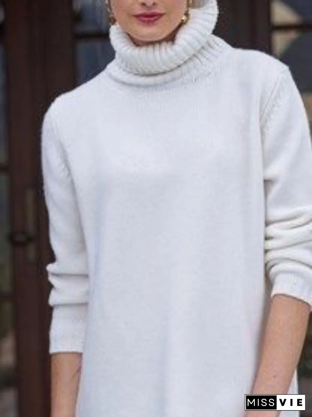 Simple Spring Solid Cotton Natural Lightweight Daily Long sleeve Turtleneck Sweater for Women