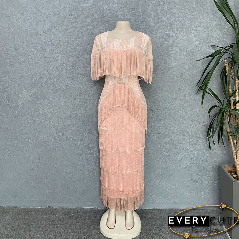 Women Summer Sexy Fringed Embellished Bodycon Celebrity Evening Dress Short Sleeve Fringe Tassel Club Party Dress Vestidos