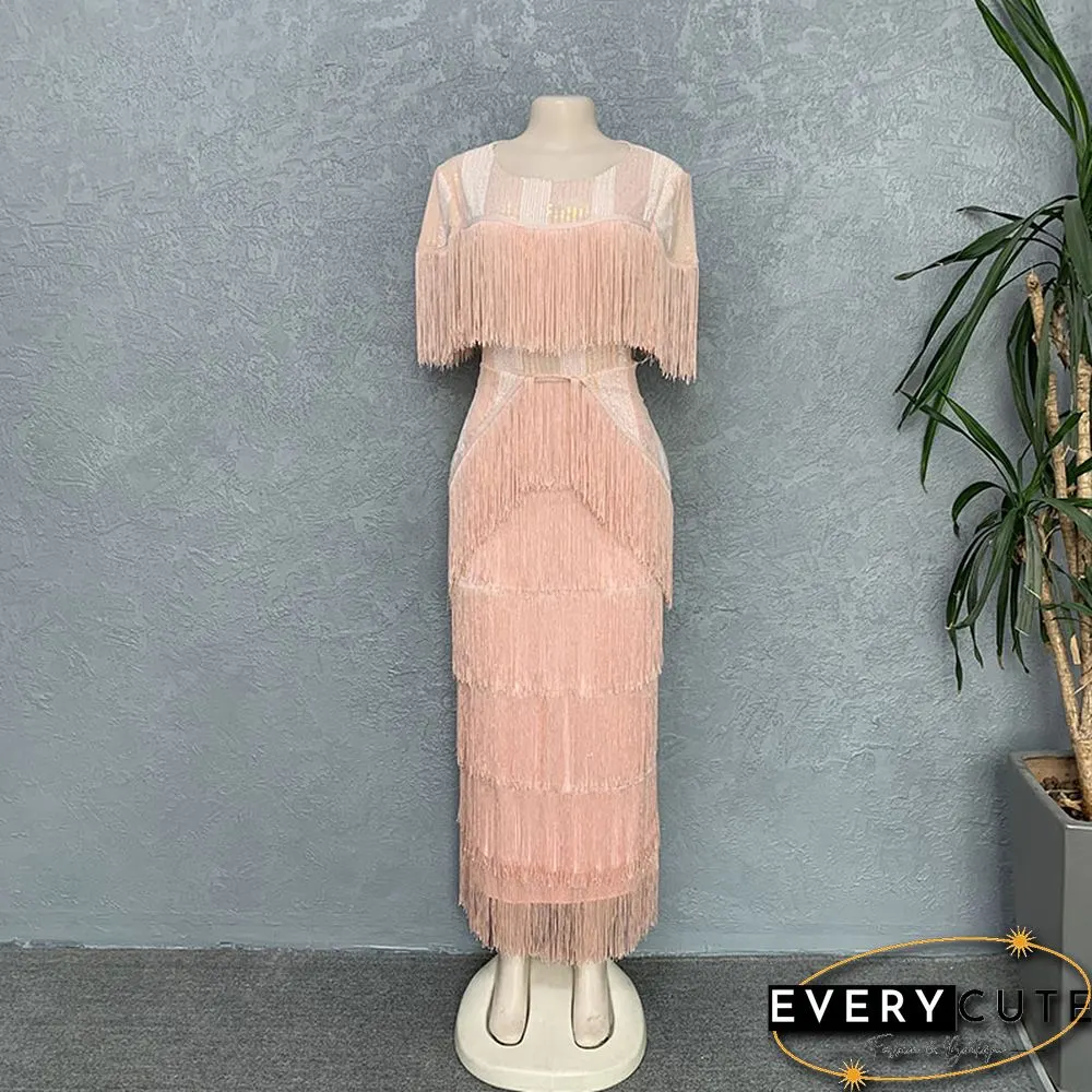 Women Summer Sexy Fringed Embellished Bodycon Celebrity Evening Dress Short Sleeve Fringe Tassel Club Party Dress Vestidos