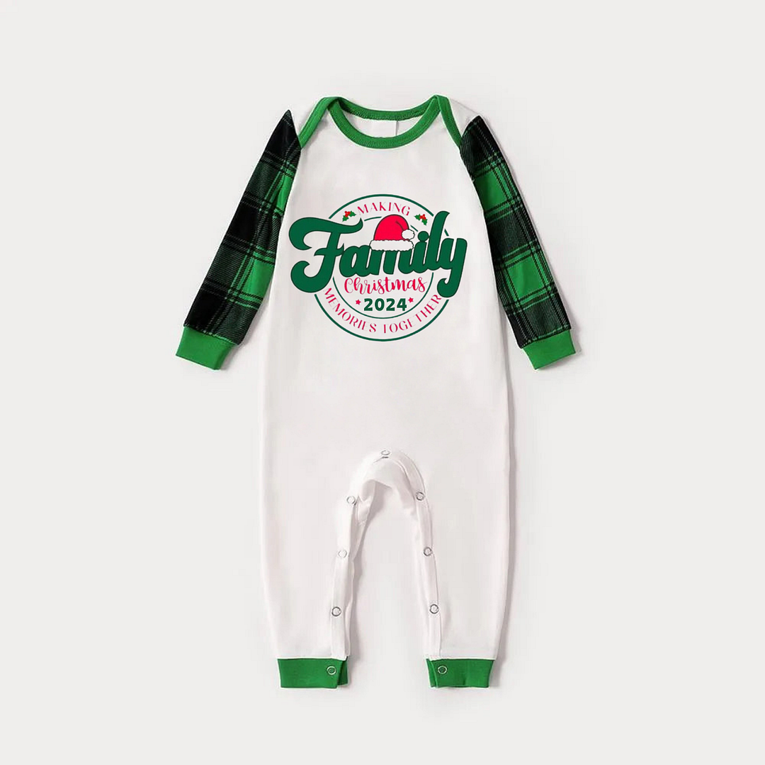 "Family Christmas 2024" Text Print Green Rotator Cuff Top With Green & Black Plaid Family Matching Pajamas