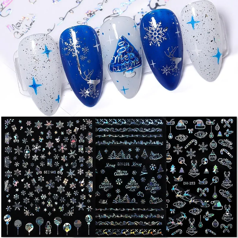 Sliver Bronzing 3D Christmas Nail Art Decoration Sticker Sparkly White Colorful Glitter Geometry Snowflake Winter Slider Foil