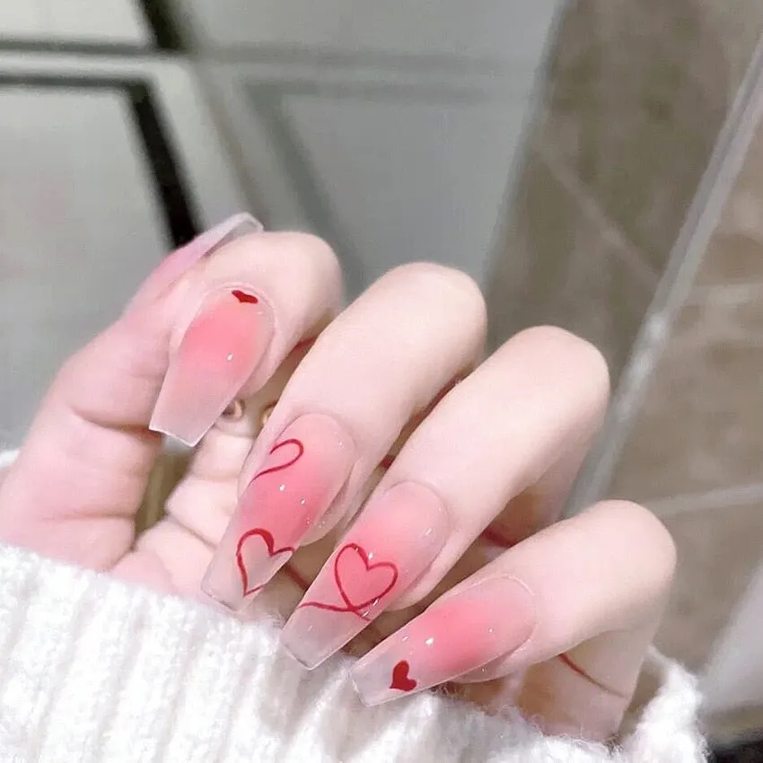 24Pcs Coffee Color With Grids Heart Designs False Nail Full Cover Fake Nails with Glue Detachable Wearable Manicure Nail Tips-Nail Inspo