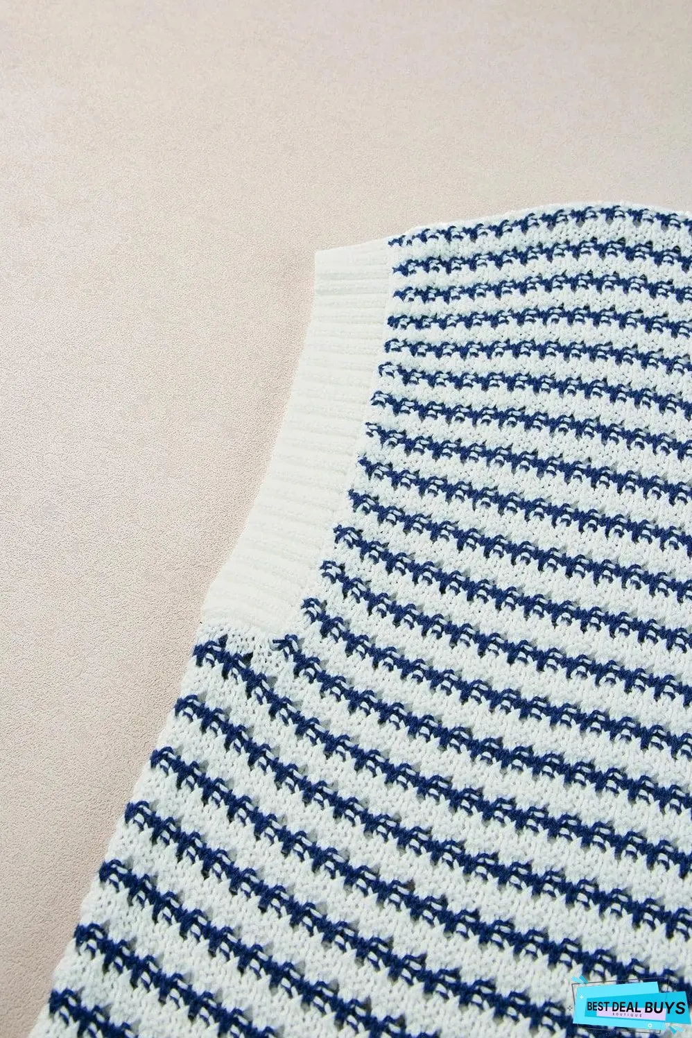 Blue Stripe Ribbed Trim Loose Fit Knitted Sweater Vest