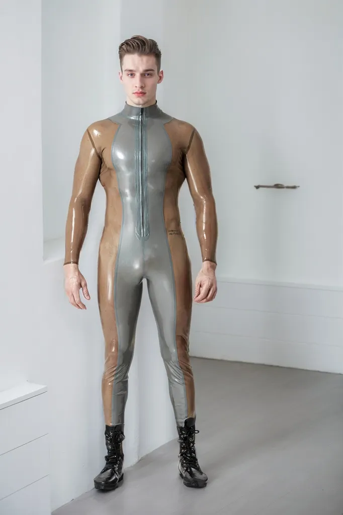 Men Latex Catsuits Male Silver Sleek Front  zip Catsuit Cool Super Soldier Style Catsuit - Metallic & Translucent