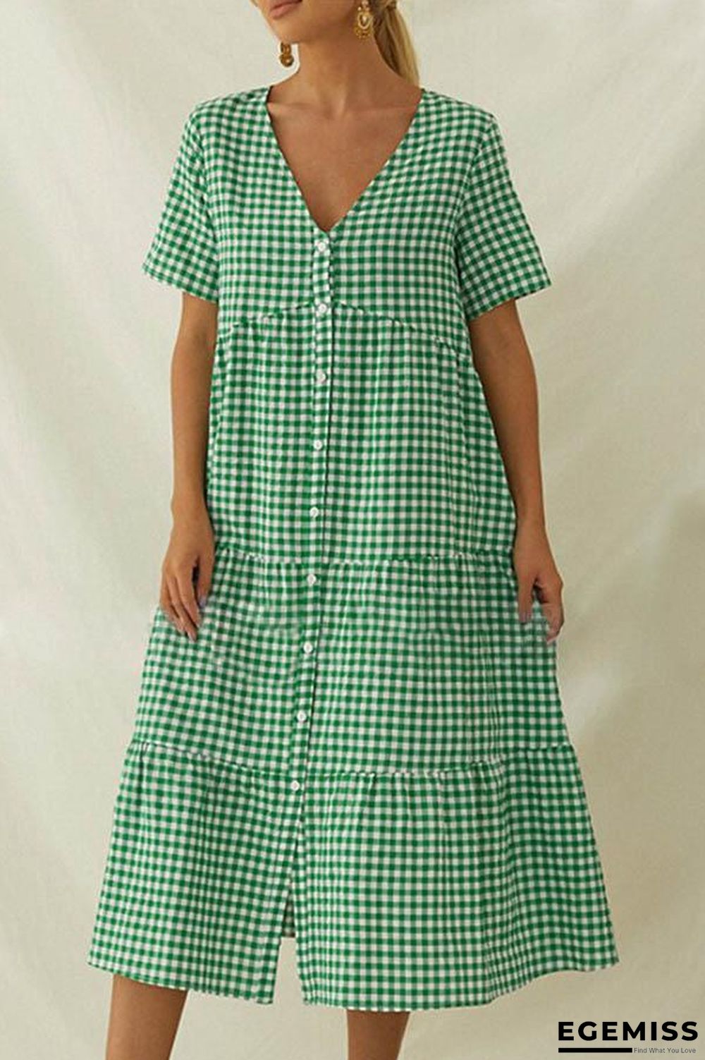 Paneled Plaid Print Buttons Down V-neck Casual Midi Dress | EGEMISS