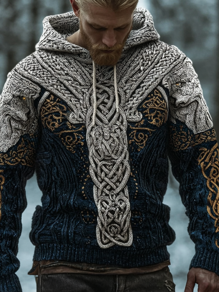 Men's Hooded Thick Sweater With Viking Style Tribal Totem And Wolf Totem Patterns