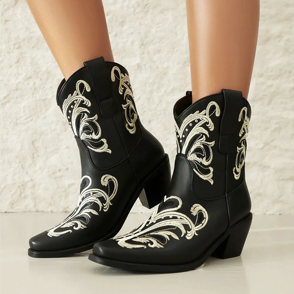 Black Snip Toe Chunky Heel Pull On Studded Embroidered Cowgirl Boots