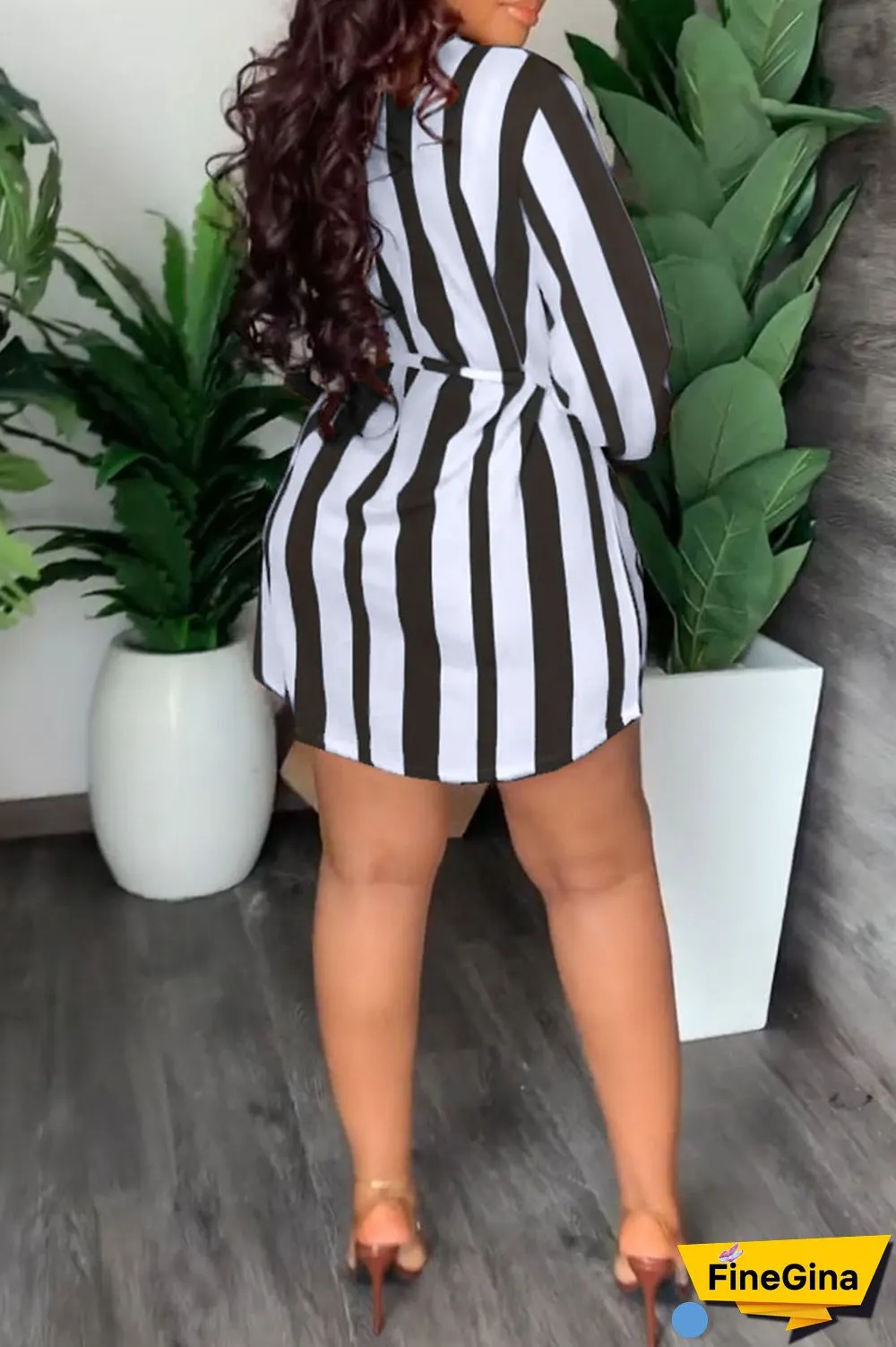 Brown Fashion Casual Striped Print Bandage Patchwork With Belt V Neck Straight Dresses