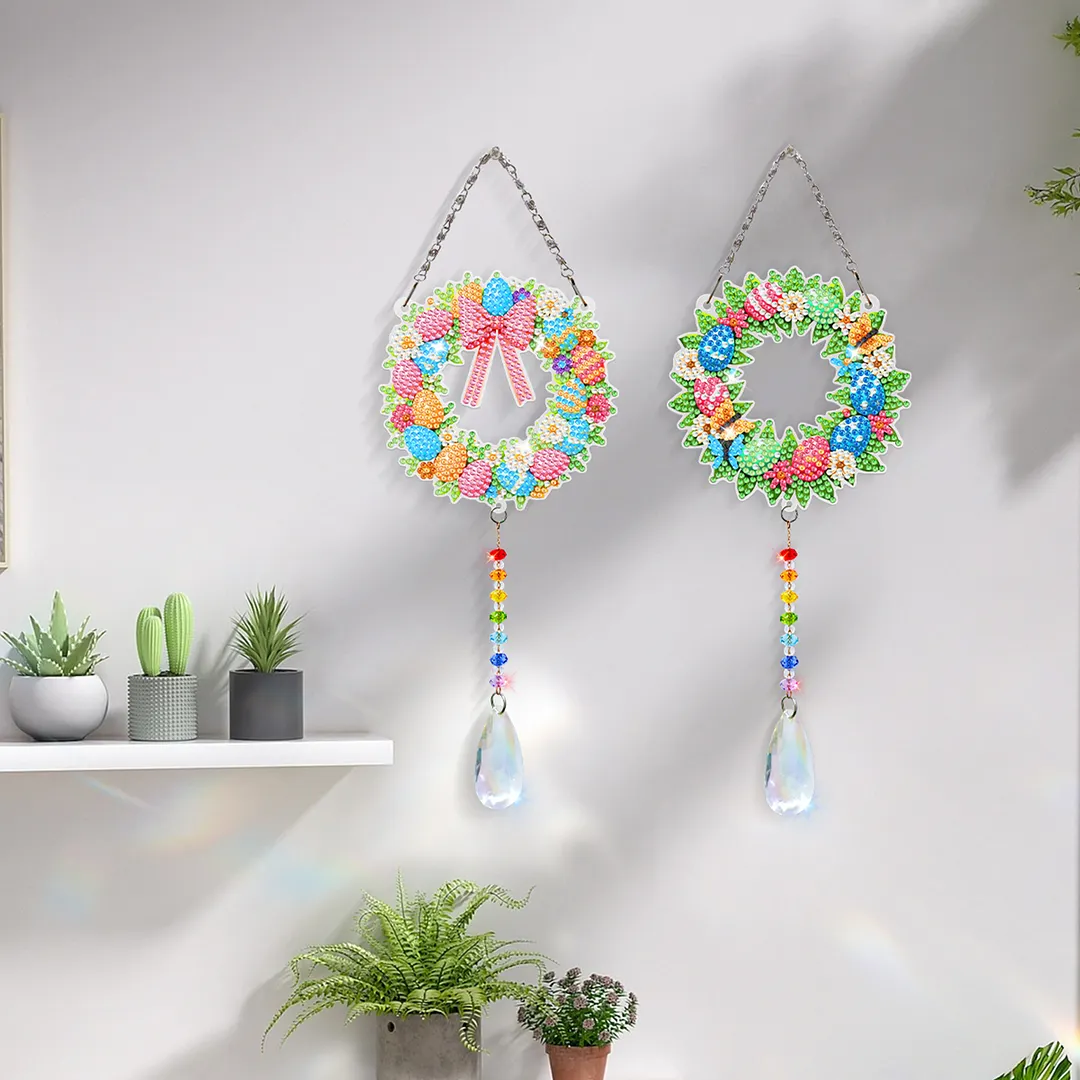 2Pcs Wreath DIY Acrylic Diamond Painting Art Wind Chimes with Crystal Pendant Diamond Art Hanging Pendant Double-Sided for Adults Beginners Gift Home Garden Decor
