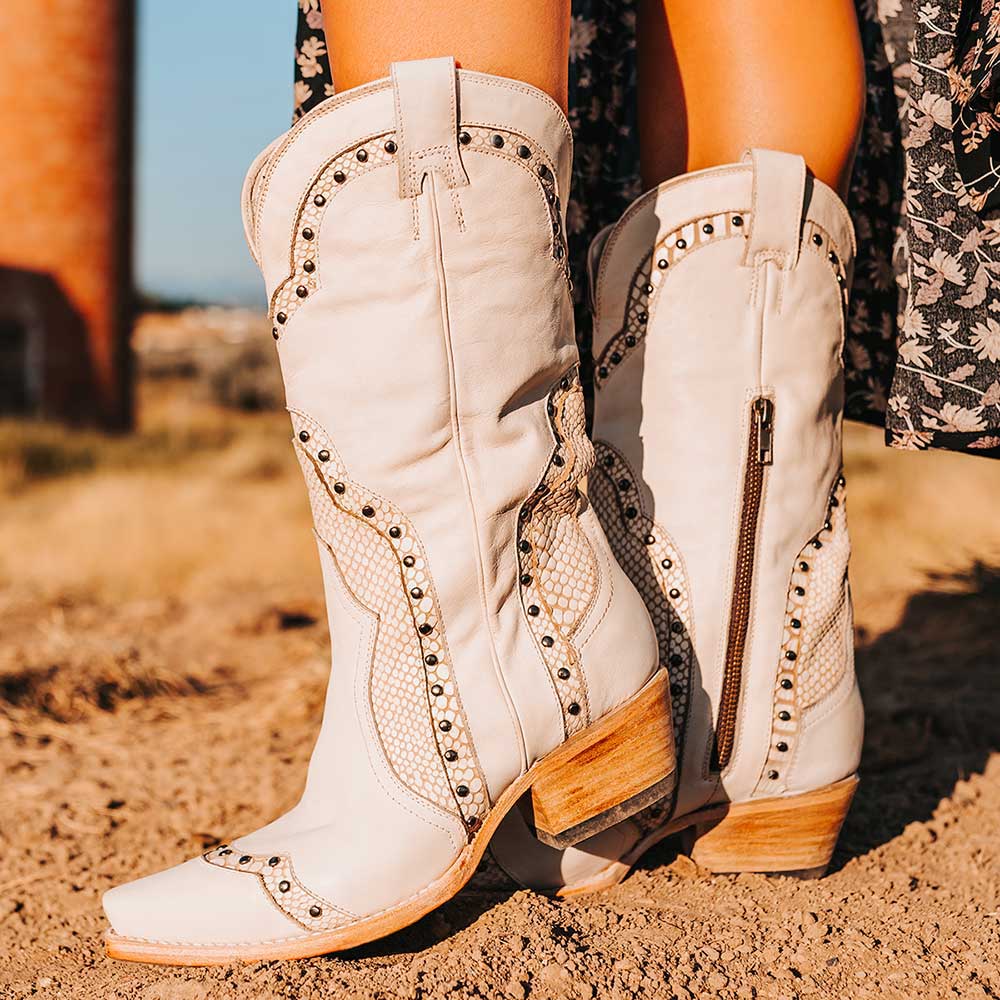 Ivory Vegan Leather Snip Toe Embroidery Inlay Studded Cowgirl Boots