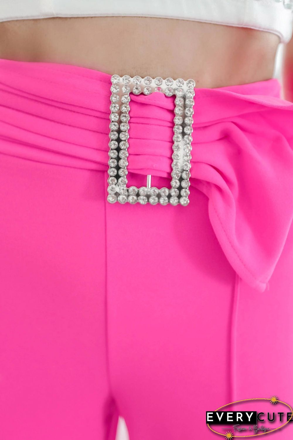 Rose Rhinestone Buckle Sash Wide Leg Pants