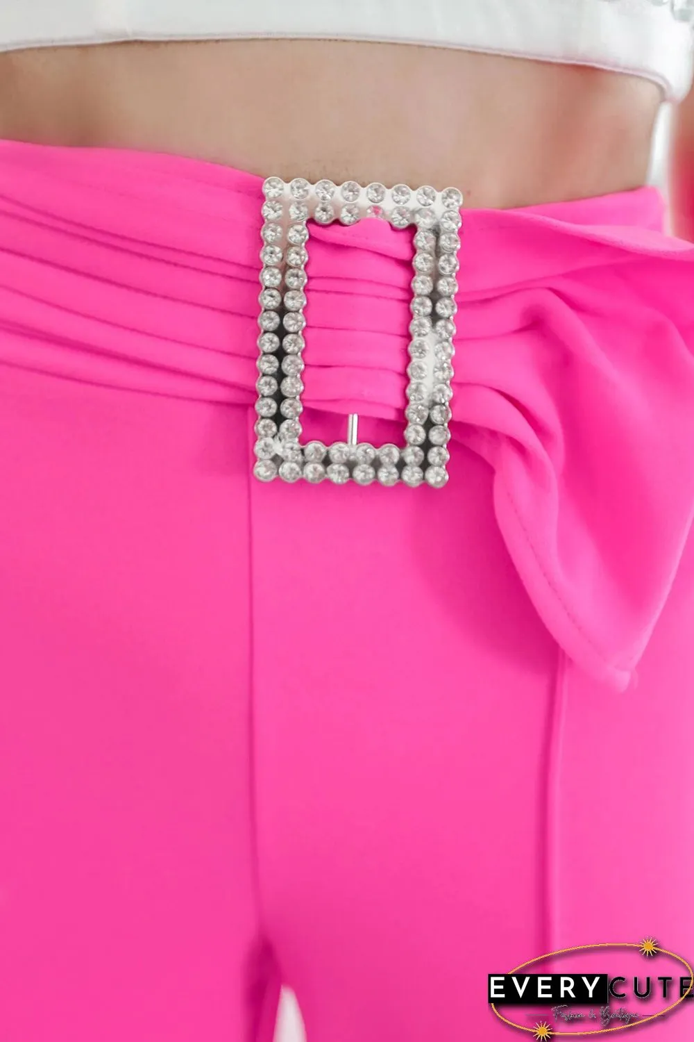 Rose Rhinestone Buckle Sash Wide Leg Pants