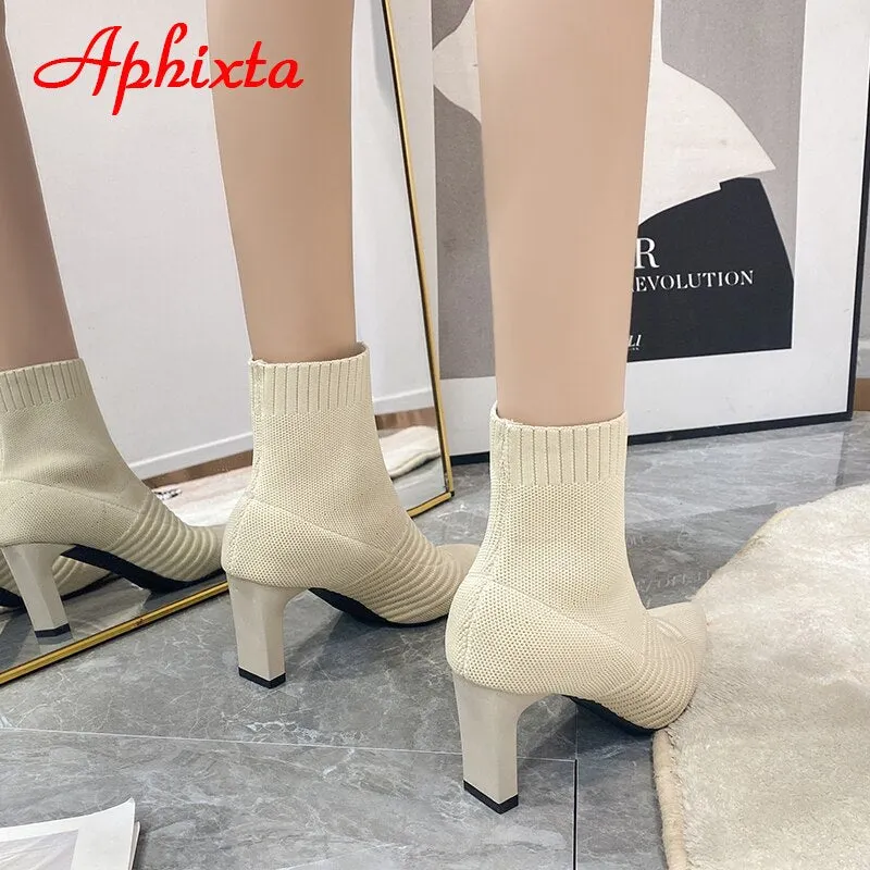 Aphixta 2022 New Beige 7cm Metal Blade Heels Stretch Fabric Ankle Socks Boots Women Elastic Stilettos Heel Pointed Toe Shoes