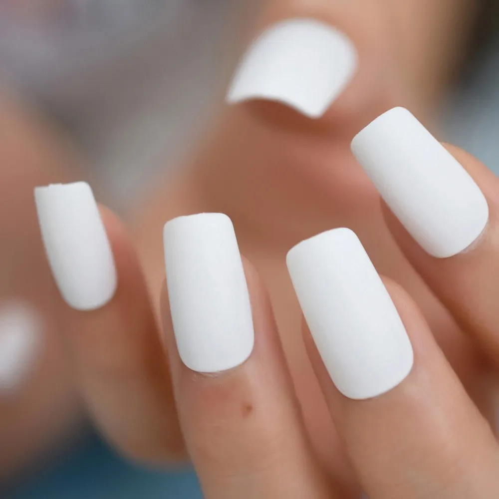 Pearl Shine Glossy Fake Nails Shimmer White Square Ombre French Nail Faux Ongles Gradient Medium Fingernails with Gluetabs-Nail Inspo