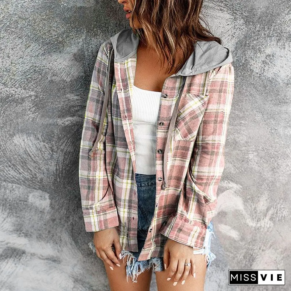 Oversizd Fit Button Up Hoodies Casual Multi Colored Hooded Flannel Shirt