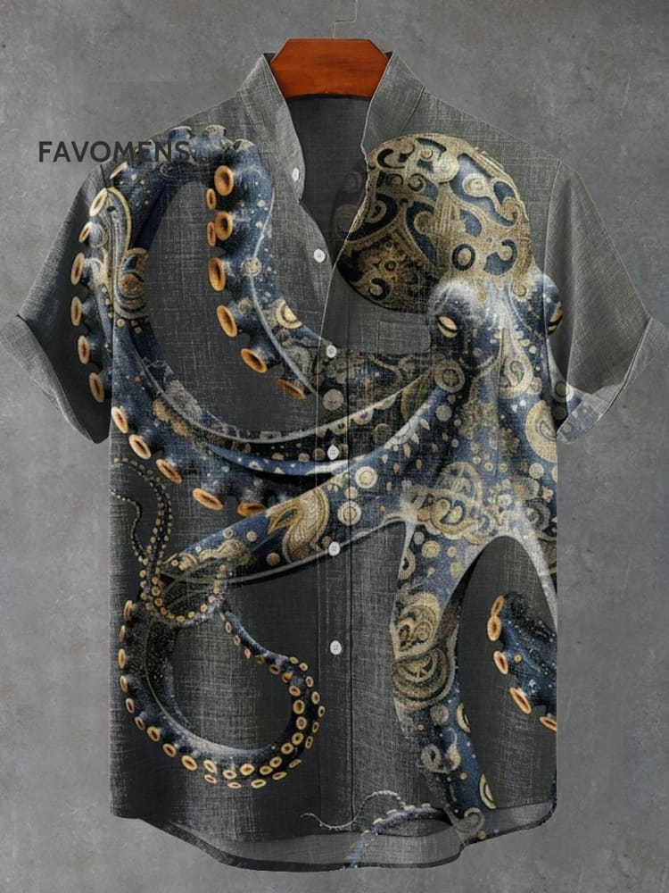Black Gold Pattern Octopus Vintage Print Casual 100% Cotton Shirt Multicolor / S