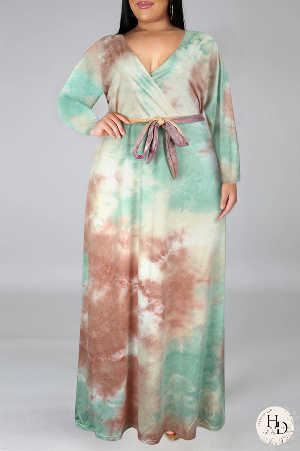 Colour Fashion Casual Print Tie-dye V Neck Long Sleeve Plus Size Dress