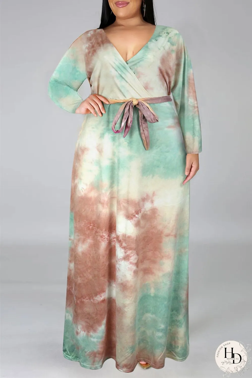 Colour Fashion Casual Print Tie-dye V Neck Long Sleeve Plus Size Dress
