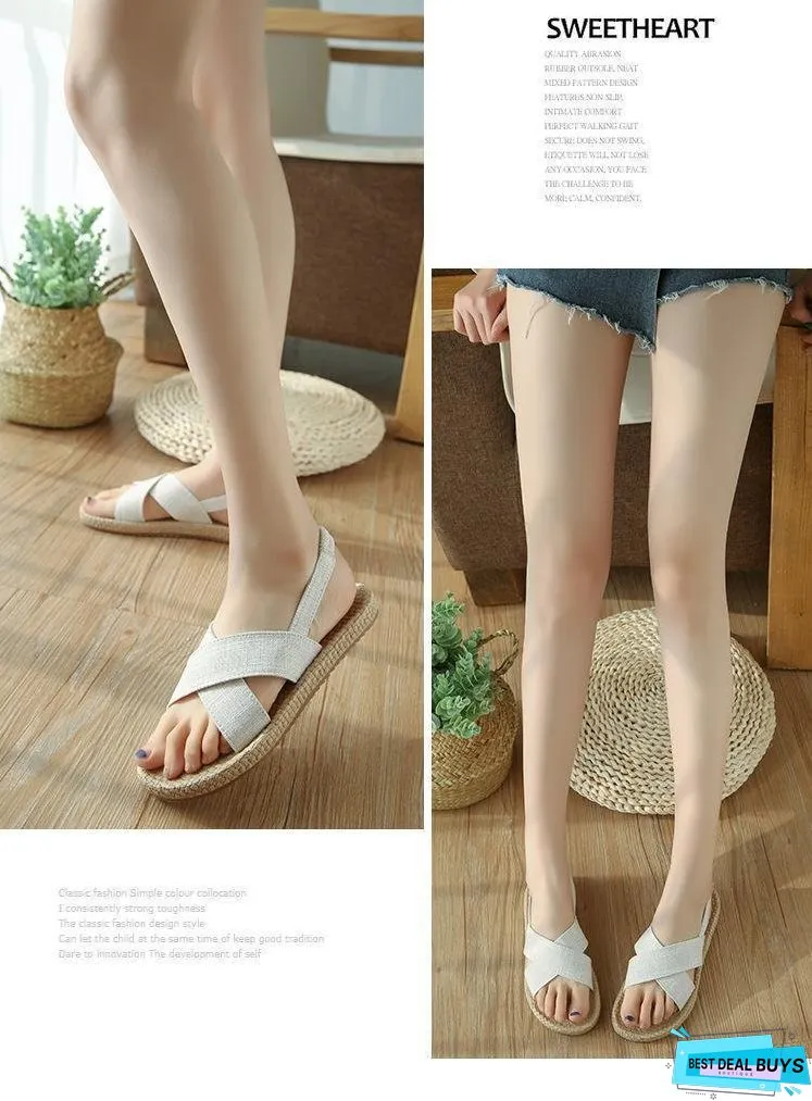 Beach Open Toe Linen Flat Sandals